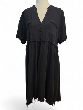 Umgee Black Frayed V-Neck Mini Dress